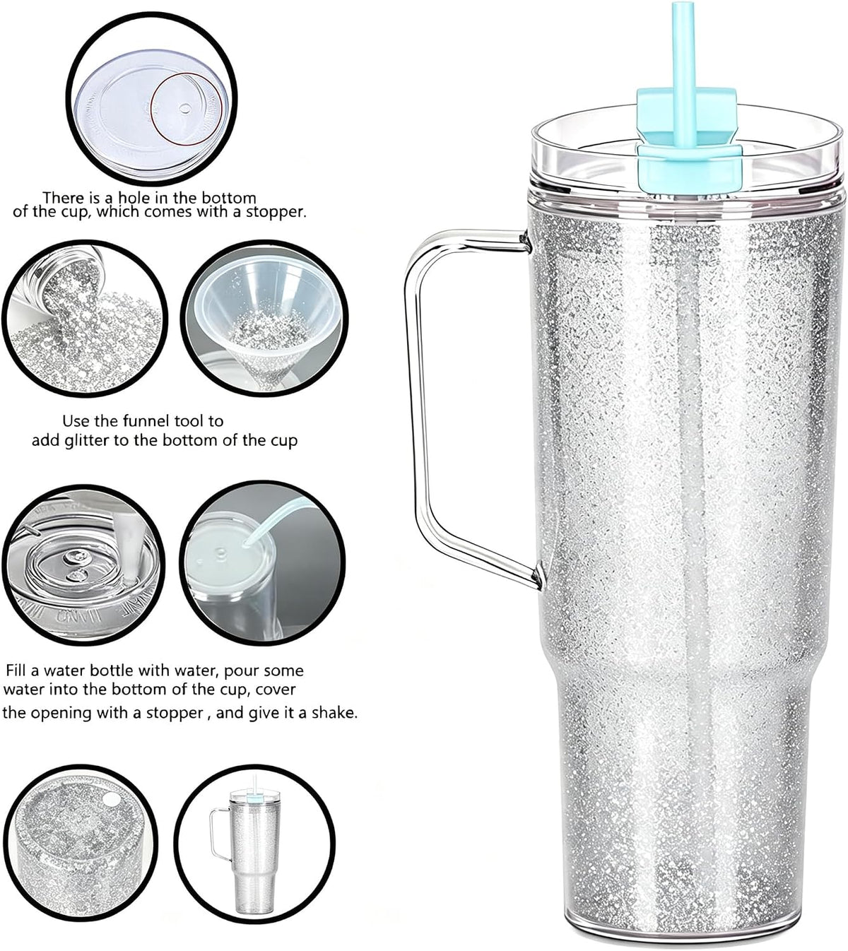 40 oz Plastic Tumblers with Handle, Screw Off Lid with Included Straw, Double Wall Leakproof Reusable Water Bottle Travel Mug Cup for Iced Coffee, Hot Cold Drink, Smoothie (2, Transparently)