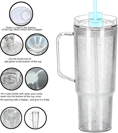 40 oz Plastic Tumblers with Handle, Screw Off Lid with Included Straw, Double Wall Leakproof Reusable Water Bottle Travel Mug Cup for Iced Coffee, Hot Cold Drink, Smoothie (2, Transparently)