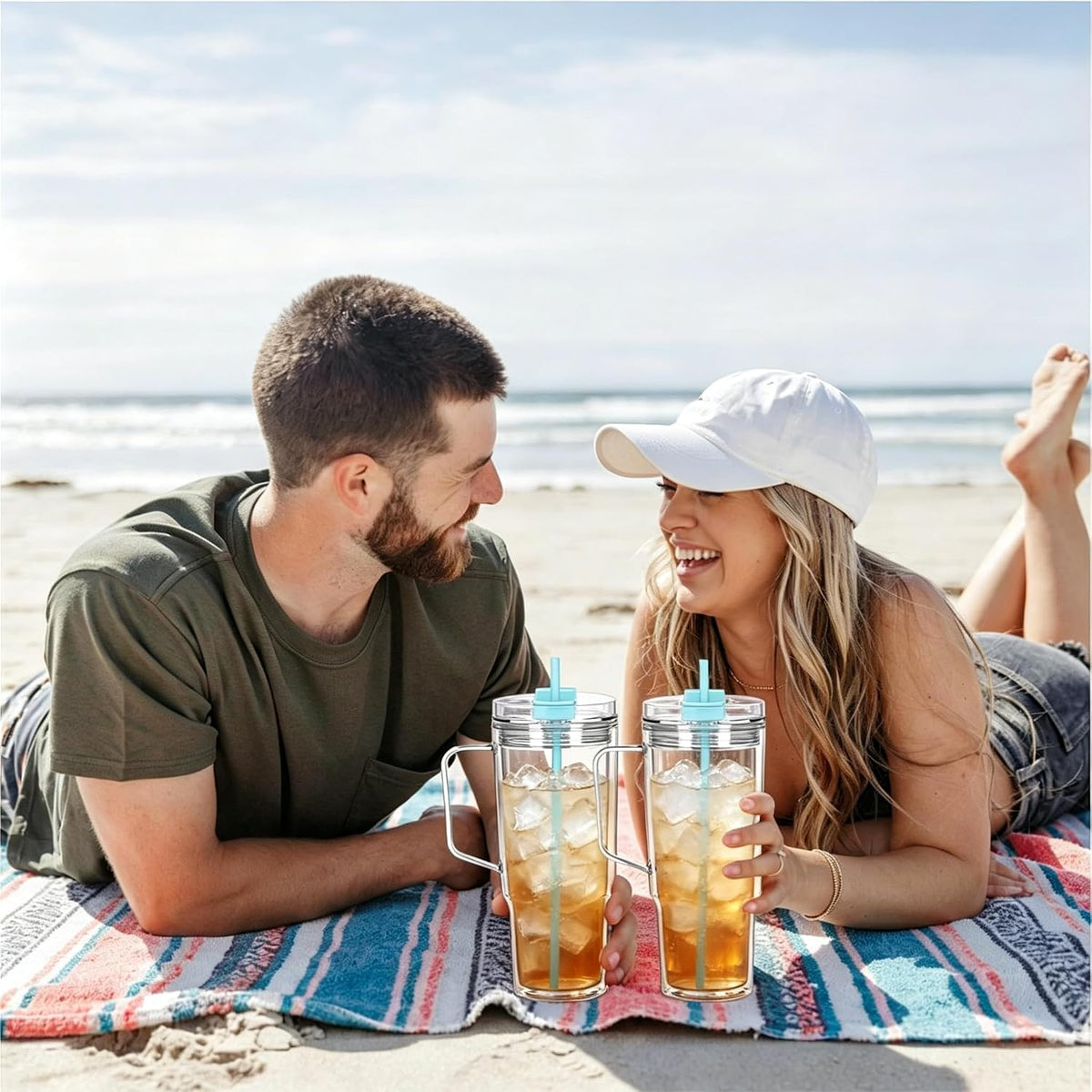 40 oz Plastic Tumblers with Handle, Screw Off Lid with Included Straw, Double Wall Leakproof Reusable Water Bottle Travel Mug Cup for Iced Coffee, Hot Cold Drink, Smoothie (2, Transparently)