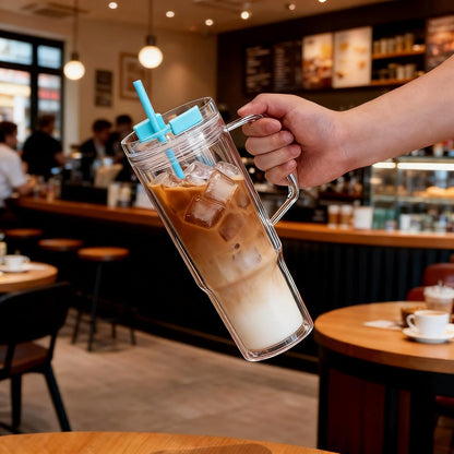 40 oz Plastic Tumblers with Handle, Screw Off Lid with Included Straw, Double Wall Leakproof Reusable Water Bottle Travel Mug Cup for Iced Coffee, Hot Cold Drink, Smoothie (2, Transparently)