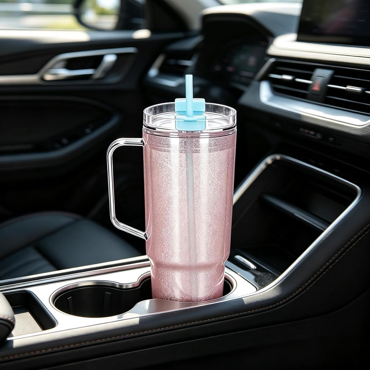 40 oz Plastic Tumblers with Handle, Screw Off Lid with Included Straw, Double Wall Leakproof Reusable Water Bottle Travel Mug Cup for Iced Coffee, Hot Cold Drink, Smoothie (2, Transparently)