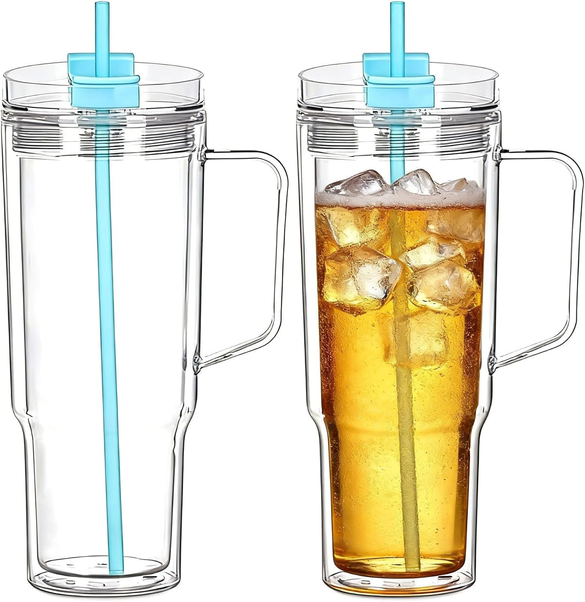 40 oz Plastic Tumblers with Handle, Screw Off Lid with Included Straw, Double Wall Leakproof Reusable Water Bottle Travel Mug Cup for Iced Coffee, Hot Cold Drink, Smoothie (2, Transparently)