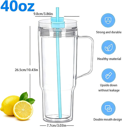 40 oz Plastic Tumblers with Handle, Screw Off Lid with Included Straw, Double Wall Leakproof Reusable Water Bottle Travel Mug Cup for Iced Coffee, Hot Cold Drink, Smoothie (2, Transparently)