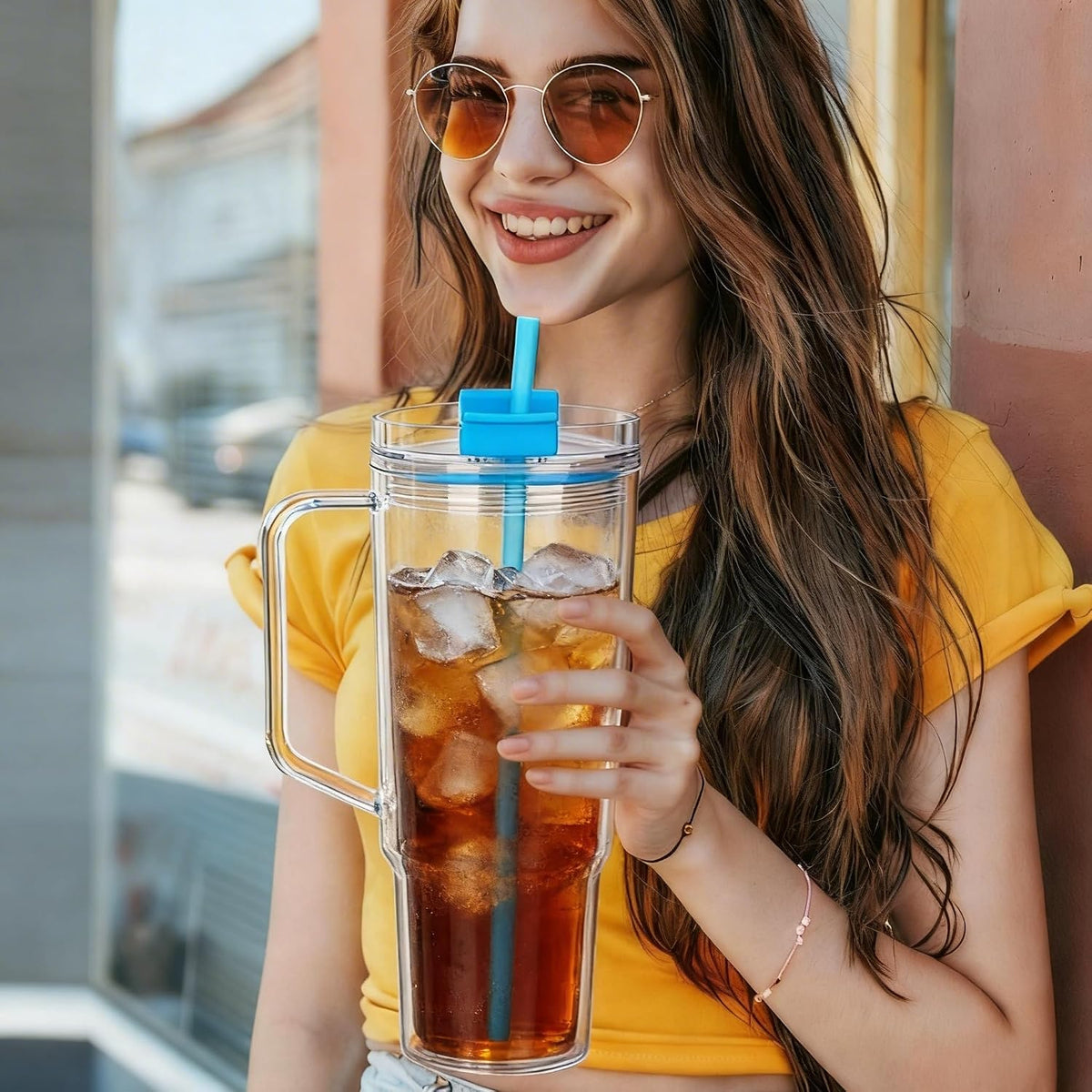 40 oz Plastic Tumblers with Handle, Screw Off Lid with Included Straw, Double Wall Leakproof Reusable Water Bottle Travel Mug Cup for Iced Coffee, Hot Cold Drink, Smoothie (2, Transparently)