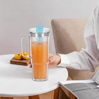 40 oz Plastic Tumblers with Handle, Screw Off Lid with Included Straw, Double Wall Leakproof Reusable Water Bottle Travel Mug Cup for Iced Coffee, Hot Cold Drink, Smoothie (2, Transparently)