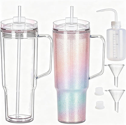 40 oz Plastic Tumblers with Handle, Screw Off Lid with Included Straw, Double Wall Leakproof Reusable Water Bottle Travel Mug Cup for Iced Coffee, Hot Cold Drink, Smoothie (2, Transparently)