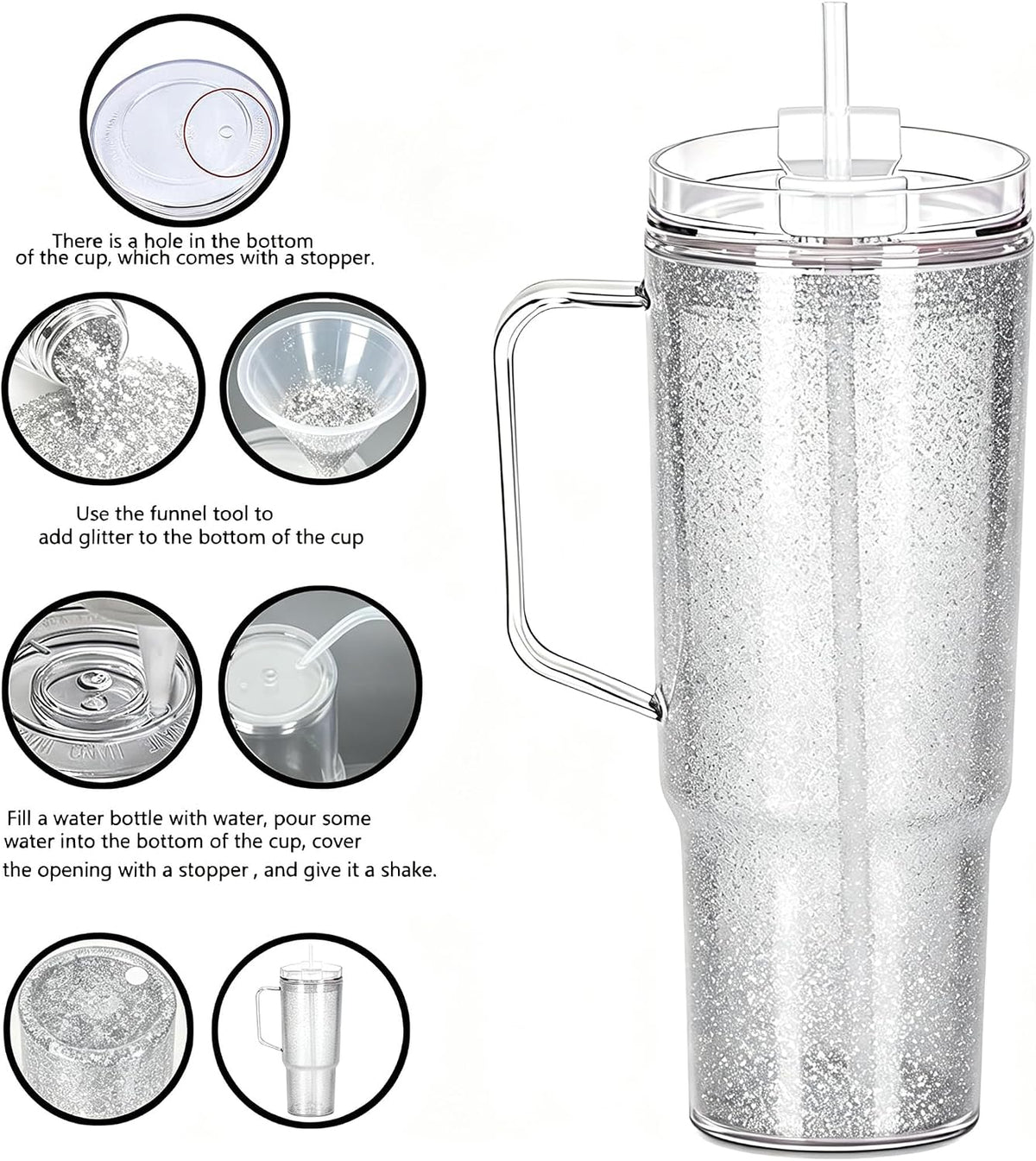 40 oz Plastic Tumblers with Handle, Screw Off Lid with Included Straw, Double Wall Leakproof Reusable Water Bottle Travel Mug Cup for Iced Coffee, Hot Cold Drink, Smoothie (2, Transparently)