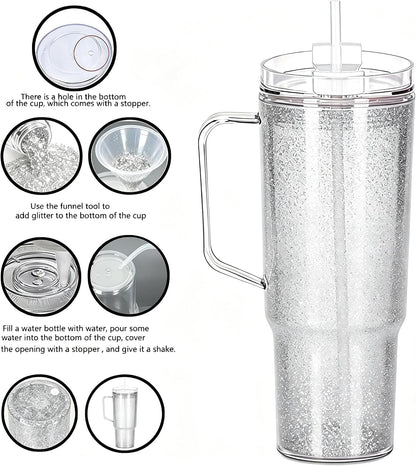 40 oz Plastic Tumblers with Handle, Screw Off Lid with Included Straw, Double Wall Leakproof Reusable Water Bottle Travel Mug Cup for Iced Coffee, Hot Cold Drink, Smoothie (2, Transparently)