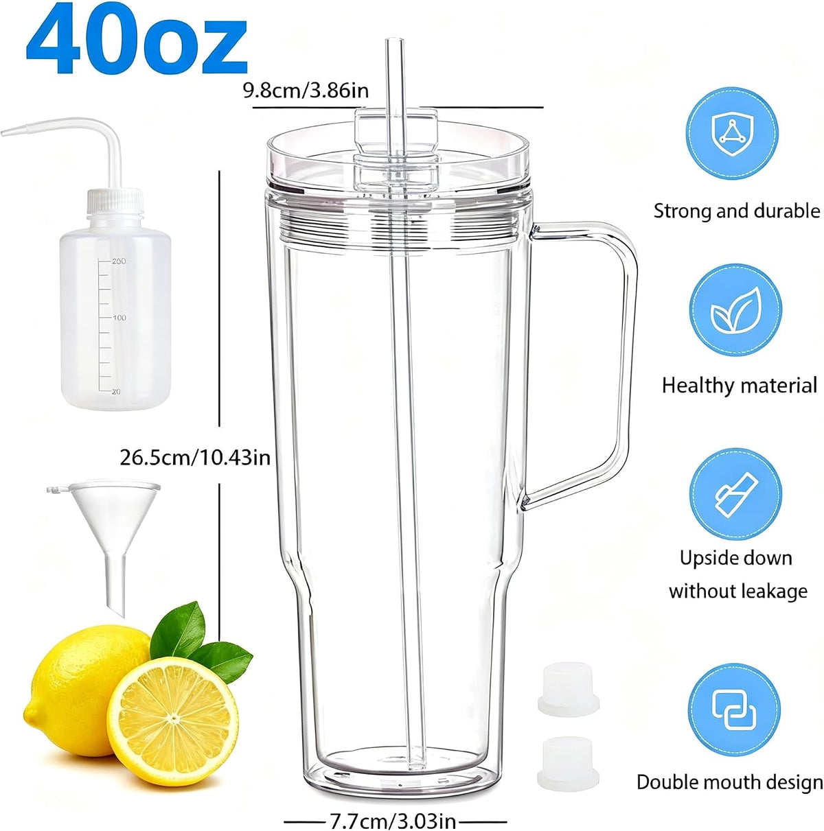 40 oz Plastic Tumblers with Handle, Screw Off Lid with Included Straw, Double Wall Leakproof Reusable Water Bottle Travel Mug Cup for Iced Coffee, Hot Cold Drink, Smoothie (2, Transparently)