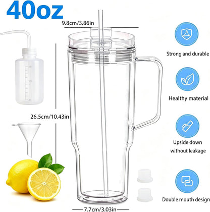 40 oz Plastic Tumblers with Handle, Screw Off Lid with Included Straw, Double Wall Leakproof Reusable Water Bottle Travel Mug Cup for Iced Coffee, Hot Cold Drink, Smoothie (2, Transparently)
