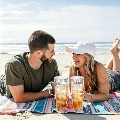 40 oz Plastic Tumblers with Handle, Screw Off Lid with Included Straw, Double Wall Leakproof Reusable Water Bottle Travel Mug Cup for Iced Coffee, Hot Cold Drink, Smoothie (2, Transparently)