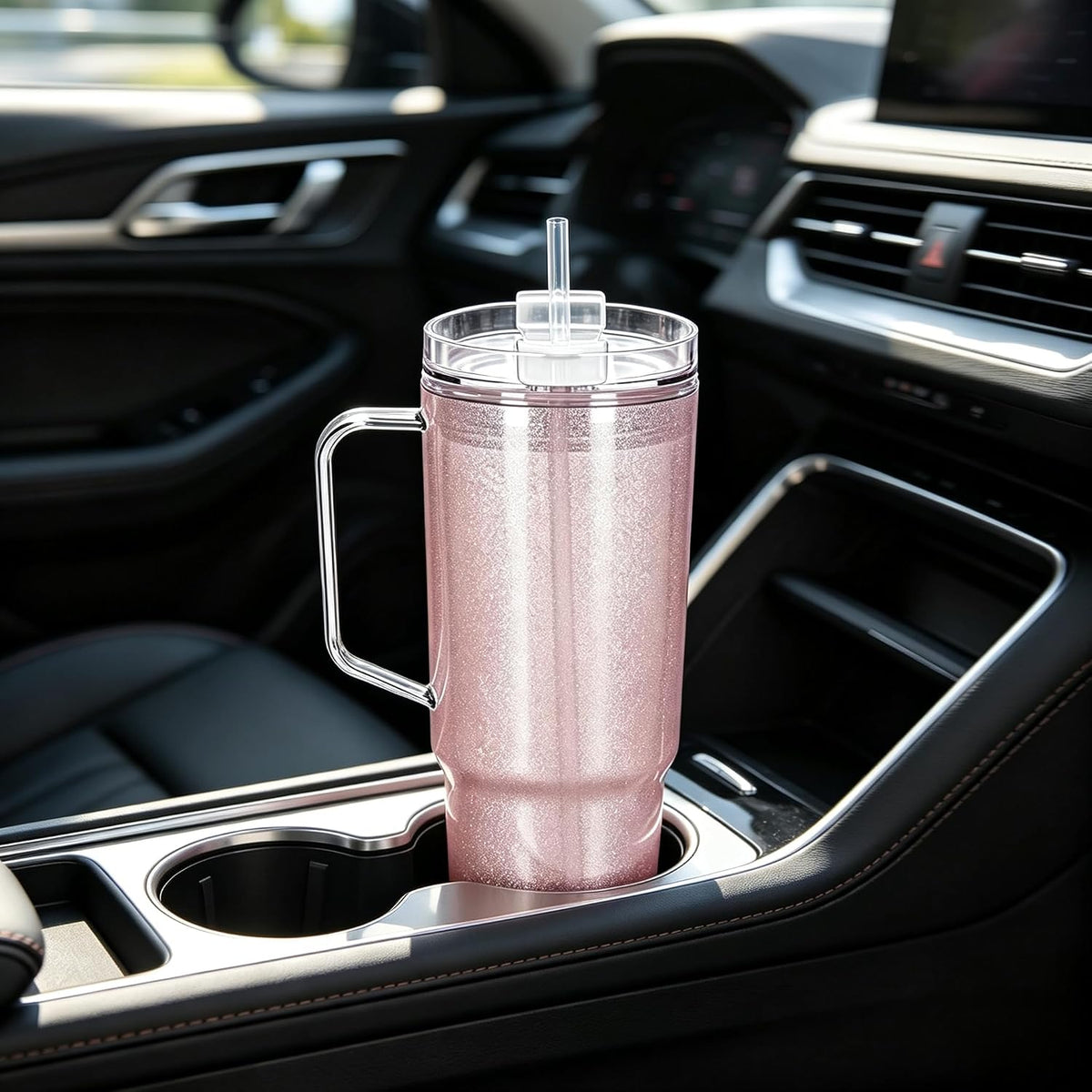 40 oz Plastic Tumblers with Handle, Screw Off Lid with Included Straw, Double Wall Leakproof Reusable Water Bottle Travel Mug Cup for Iced Coffee, Hot Cold Drink, Smoothie (2, Transparently)