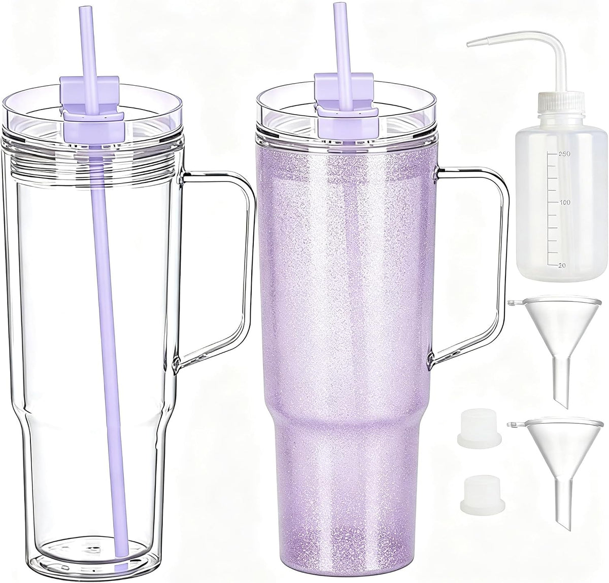 40 oz Plastic Tumblers with Handle, Screw Off Lid with Included Straw, Double Wall Leakproof Reusable Water Bottle Travel Mug Cup for Iced Coffee, Hot Cold Drink, Smoothie (2, Transparently)