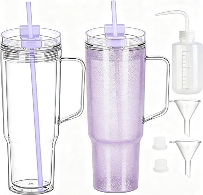 40 oz Plastic Tumblers with Handle, Screw Off Lid with Included Straw, Double Wall Leakproof Reusable Water Bottle Travel Mug Cup for Iced Coffee, Hot Cold Drink, Smoothie (2, Transparently)