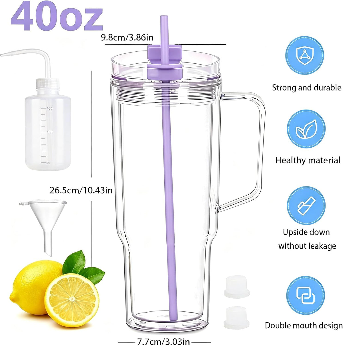 40 oz Plastic Tumblers with Handle, Screw Off Lid with Included Straw, Double Wall Leakproof Reusable Water Bottle Travel Mug Cup for Iced Coffee, Hot Cold Drink, Smoothie (2, Transparently)
