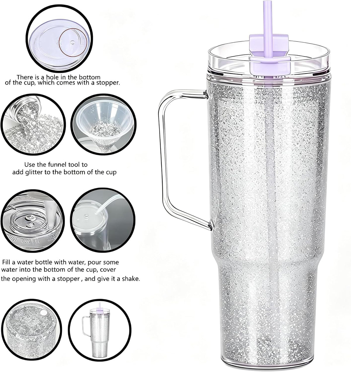 40 oz Plastic Tumblers with Handle, Screw Off Lid with Included Straw, Double Wall Leakproof Reusable Water Bottle Travel Mug Cup for Iced Coffee, Hot Cold Drink, Smoothie (2, Transparently)