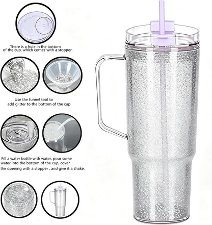 40 oz Plastic Tumblers with Handle, Screw Off Lid with Included Straw, Double Wall Leakproof Reusable Water Bottle Travel Mug Cup for Iced Coffee, Hot Cold Drink, Smoothie (2, Transparently)
