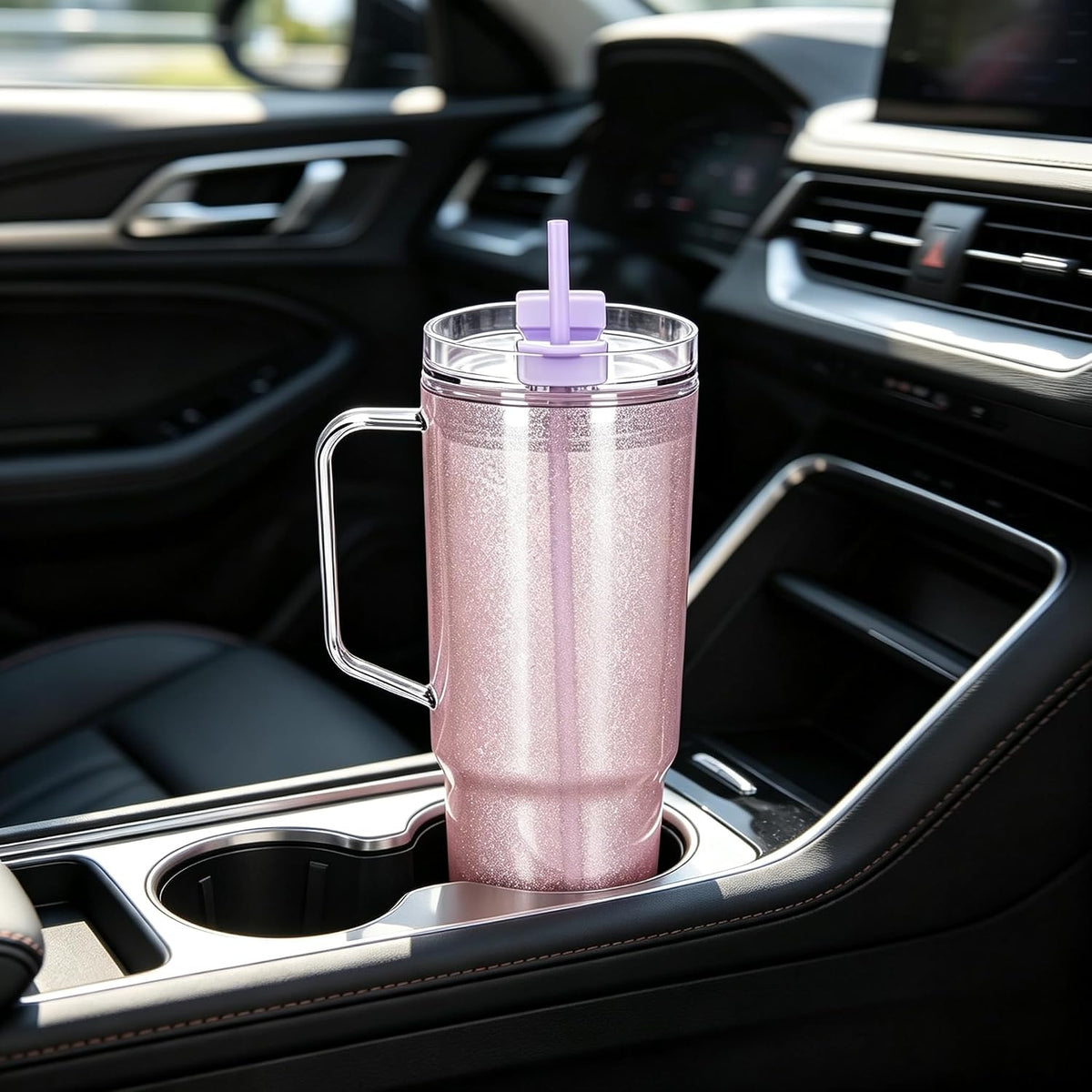 40 oz Plastic Tumblers with Handle, Screw Off Lid with Included Straw, Double Wall Leakproof Reusable Water Bottle Travel Mug Cup for Iced Coffee, Hot Cold Drink, Smoothie (2, Transparently)