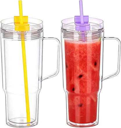 40 oz Plastic Tumblers with Handle, Screw Off Lid with Included Straw, Double Wall Leakproof Reusable Water Bottle Travel Mug Cup for Iced Coffee, Hot Cold Drink, Smoothie (2, Transparently)