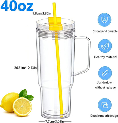 40 oz Plastic Tumblers with Handle, Screw Off Lid with Included Straw, Double Wall Leakproof Reusable Water Bottle Travel Mug Cup for Iced Coffee, Hot Cold Drink, Smoothie (2, Transparently)