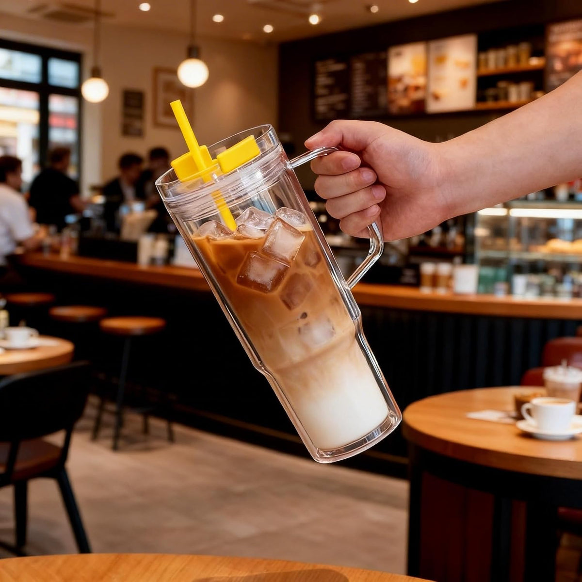 40 oz Plastic Tumblers with Handle, Screw Off Lid with Included Straw, Double Wall Leakproof Reusable Water Bottle Travel Mug Cup for Iced Coffee, Hot Cold Drink, Smoothie (2, Transparently)
