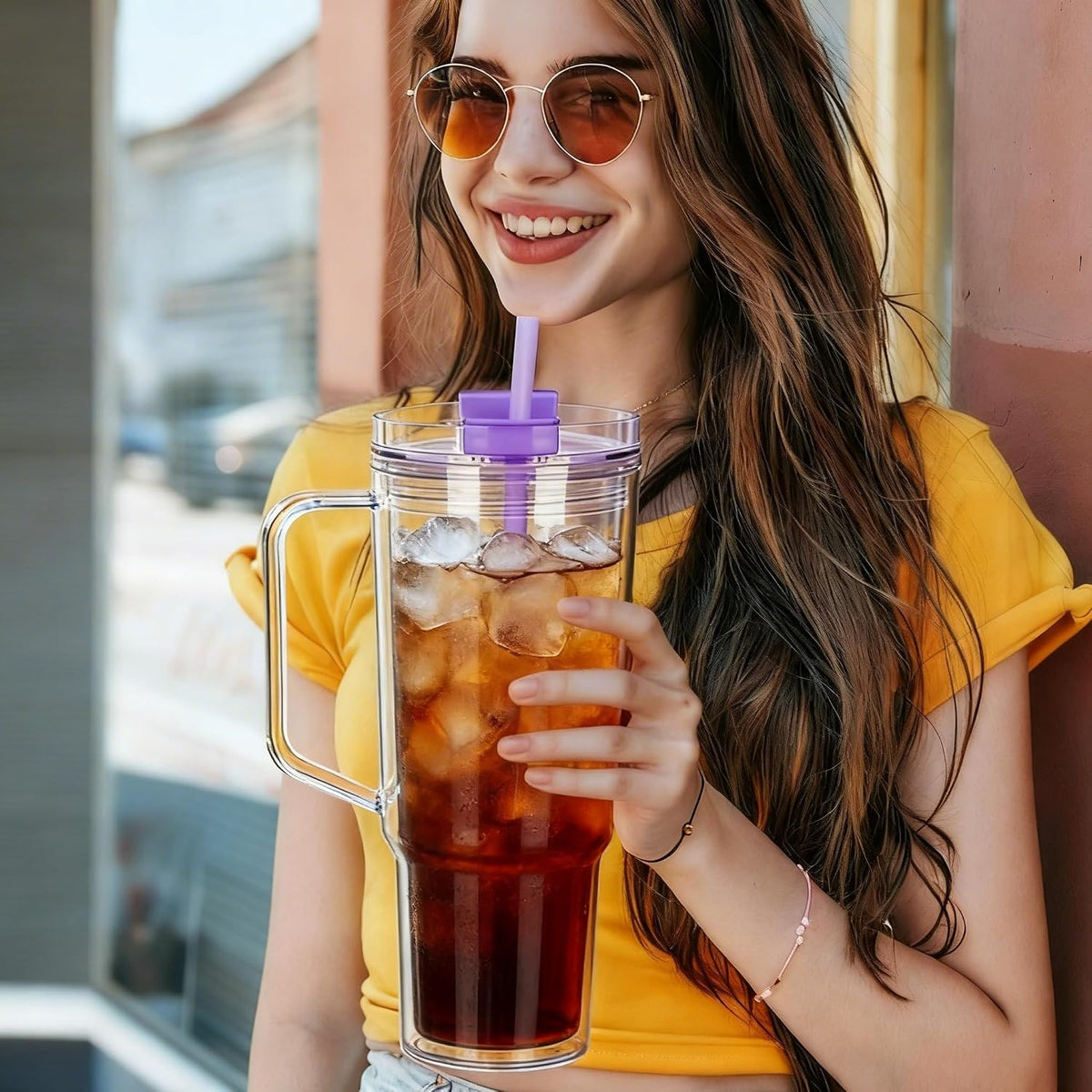 40 oz Plastic Tumblers with Handle, Screw Off Lid with Included Straw, Double Wall Leakproof Reusable Water Bottle Travel Mug Cup for Iced Coffee, Hot Cold Drink, Smoothie (2, Transparently)