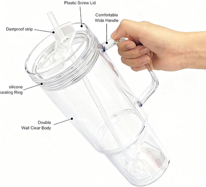 40 oz Plastic Tumblers with Handle, Screw Off Lid with Included Straw, Double Wall Leakproof Reusable Water Bottle Travel Mug Cup for Iced Coffee, Hot Cold Drink, Smoothie (2, Transparently)