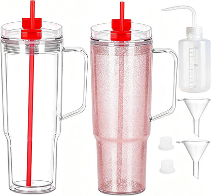 40 oz Plastic Tumblers with Handle, Screw Off Lid with Included Straw, Double Wall Leakproof Reusable Water Bottle Travel Mug Cup for Iced Coffee, Hot Cold Drink, Smoothie (2, Transparently)