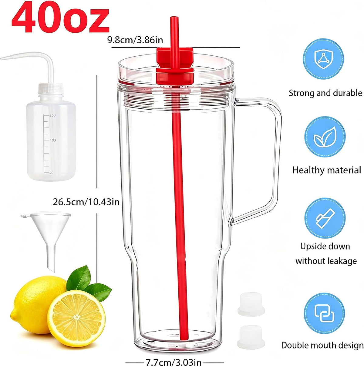 40 oz Plastic Tumblers with Handle, Screw Off Lid with Included Straw, Double Wall Leakproof Reusable Water Bottle Travel Mug Cup for Iced Coffee, Hot Cold Drink, Smoothie (2, Transparently)