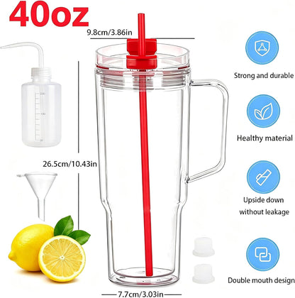 40 oz Plastic Tumblers with Handle, Screw Off Lid with Included Straw, Double Wall Leakproof Reusable Water Bottle Travel Mug Cup for Iced Coffee, Hot Cold Drink, Smoothie (2, Transparently)
