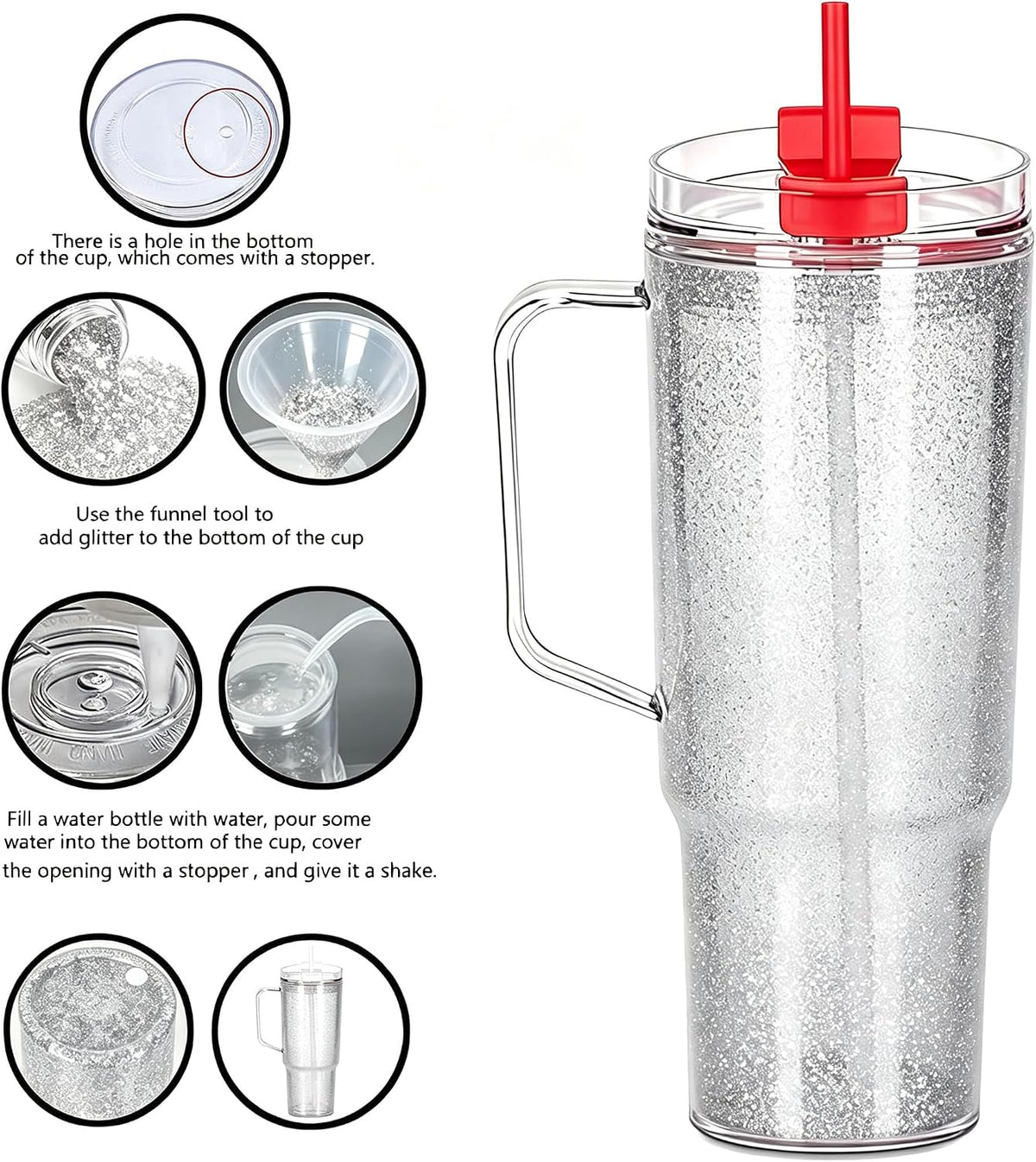 40 oz Plastic Tumblers with Handle, Screw Off Lid with Included Straw, Double Wall Leakproof Reusable Water Bottle Travel Mug Cup for Iced Coffee, Hot Cold Drink, Smoothie (2, Transparently)