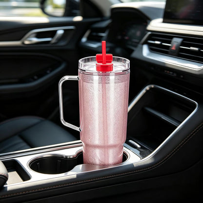 40 oz Plastic Tumblers with Handle, Screw Off Lid with Included Straw, Double Wall Leakproof Reusable Water Bottle Travel Mug Cup for Iced Coffee, Hot Cold Drink, Smoothie (2, Transparently)