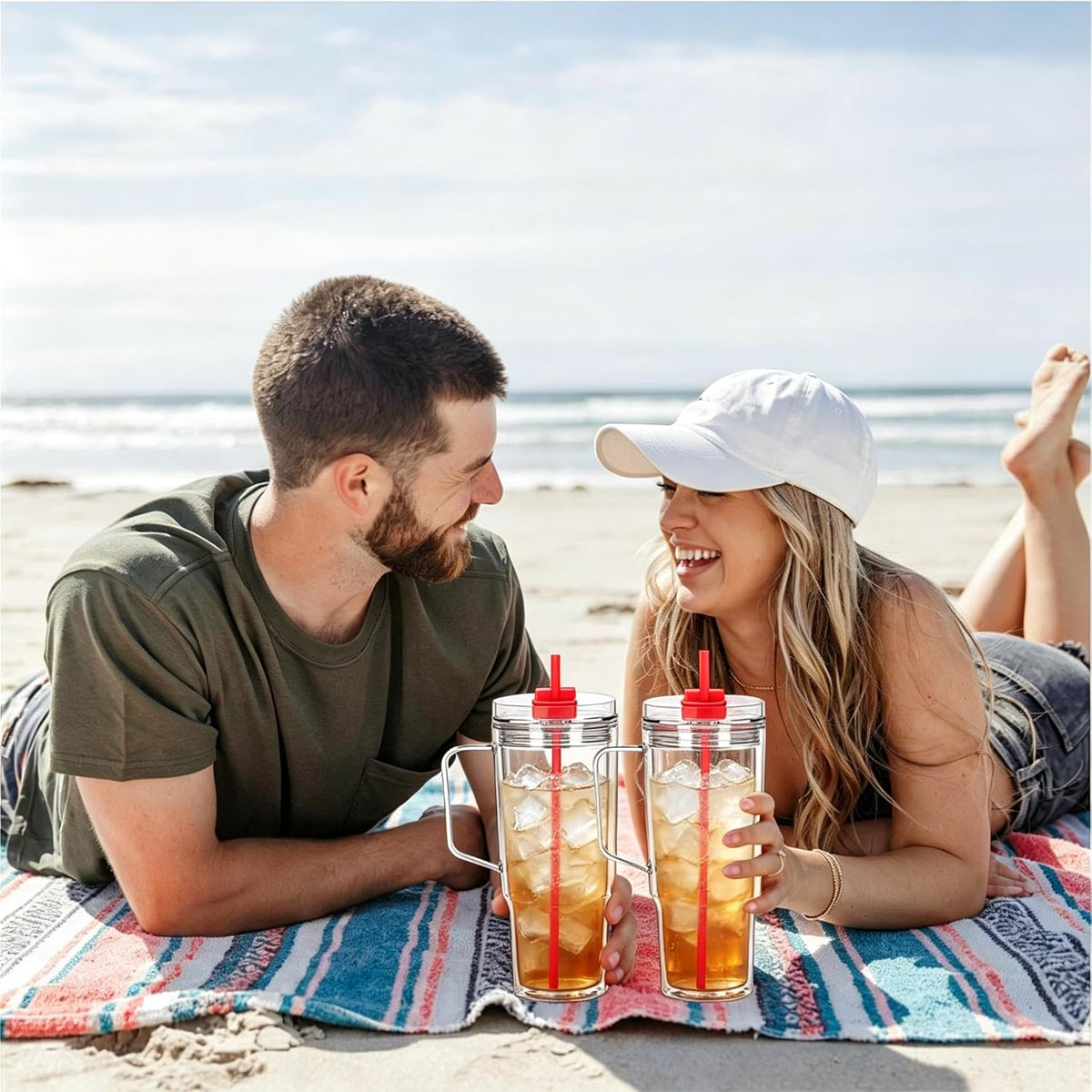 40 oz Plastic Tumblers with Handle, Screw Off Lid with Included Straw, Double Wall Leakproof Reusable Water Bottle Travel Mug Cup for Iced Coffee, Hot Cold Drink, Smoothie (2, Transparently)