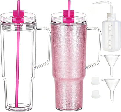 40 oz Plastic Tumblers with Handle, Screw Off Lid with Included Straw, Double Wall Leakproof Reusable Water Bottle Travel Mug Cup for Iced Coffee, Hot Cold Drink, Smoothie (2, Transparently)