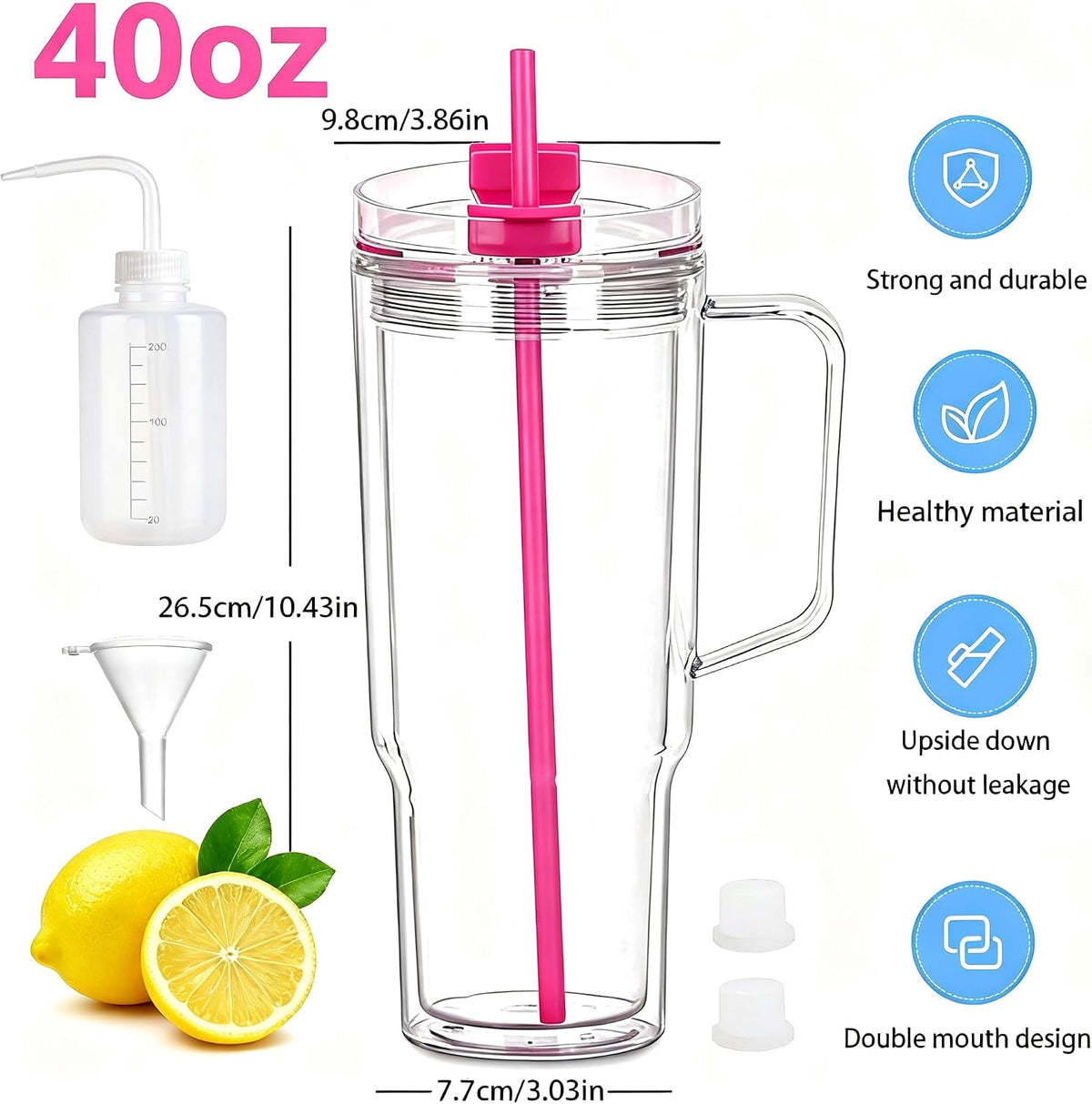 40 oz Plastic Tumblers with Handle, Screw Off Lid with Included Straw, Double Wall Leakproof Reusable Water Bottle Travel Mug Cup for Iced Coffee, Hot Cold Drink, Smoothie (2, Transparently)