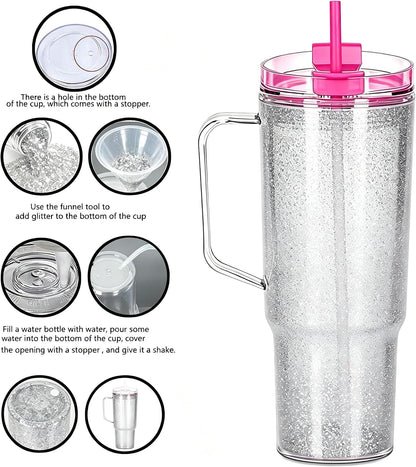40 oz Plastic Tumblers with Handle, Screw Off Lid with Included Straw, Double Wall Leakproof Reusable Water Bottle Travel Mug Cup for Iced Coffee, Hot Cold Drink, Smoothie (2, Transparently)