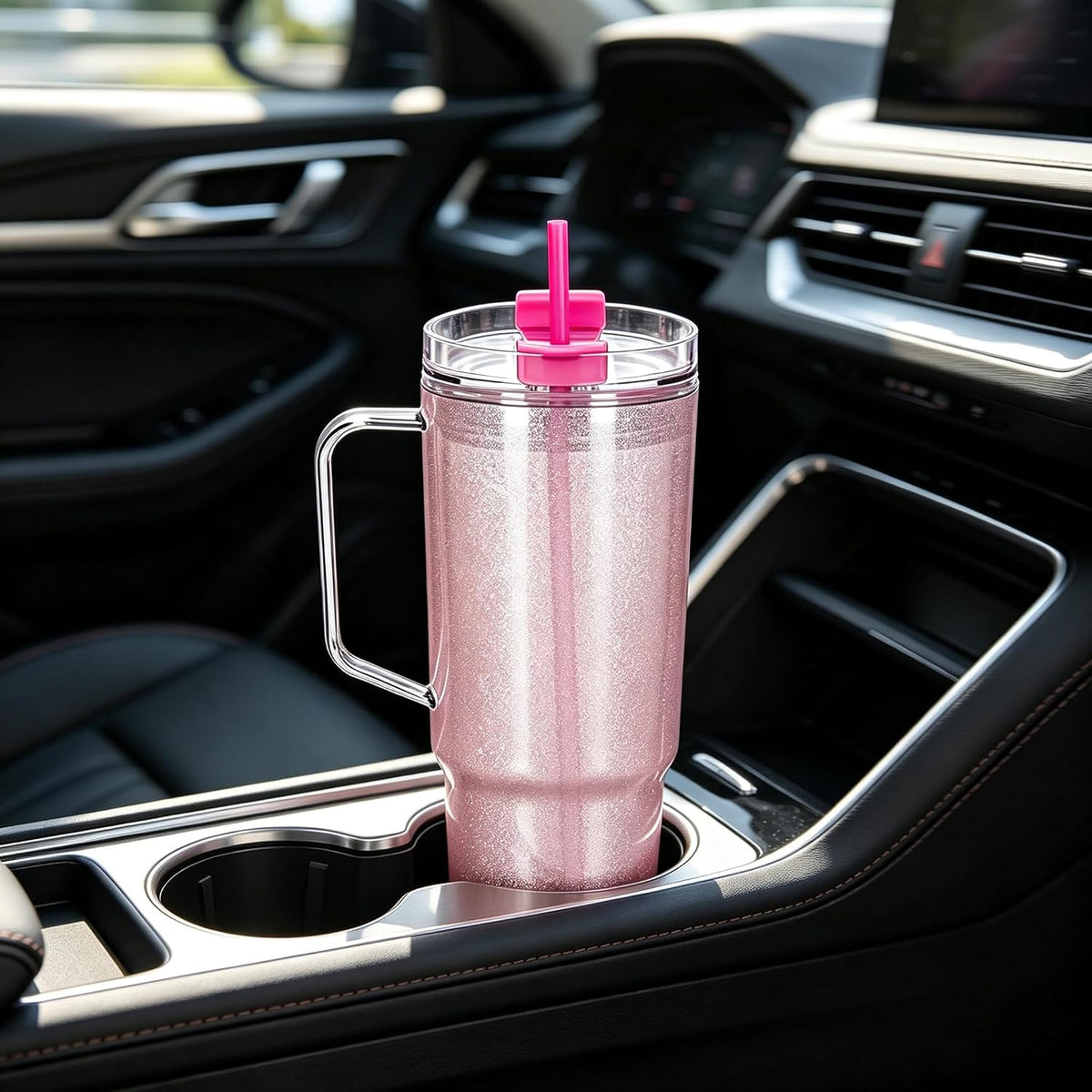 40 oz Plastic Tumblers with Handle, Screw Off Lid with Included Straw, Double Wall Leakproof Reusable Water Bottle Travel Mug Cup for Iced Coffee, Hot Cold Drink, Smoothie (2, Transparently)