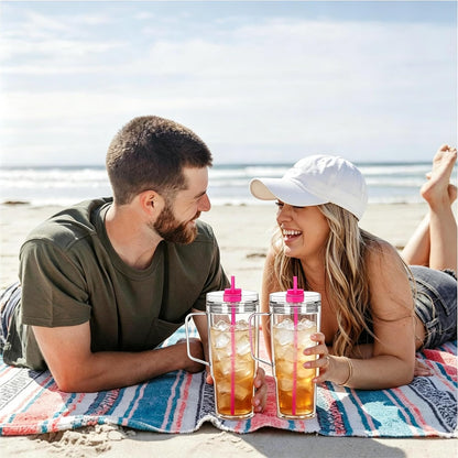 40 oz Plastic Tumblers with Handle, Screw Off Lid with Included Straw, Double Wall Leakproof Reusable Water Bottle Travel Mug Cup for Iced Coffee, Hot Cold Drink, Smoothie (2, Transparently)