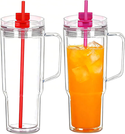 40 oz Plastic Tumblers with Handle, Screw Off Lid with Included Straw, Double Wall Leakproof Reusable Water Bottle Travel Mug Cup for Iced Coffee, Hot Cold Drink, Smoothie (2, Transparently)