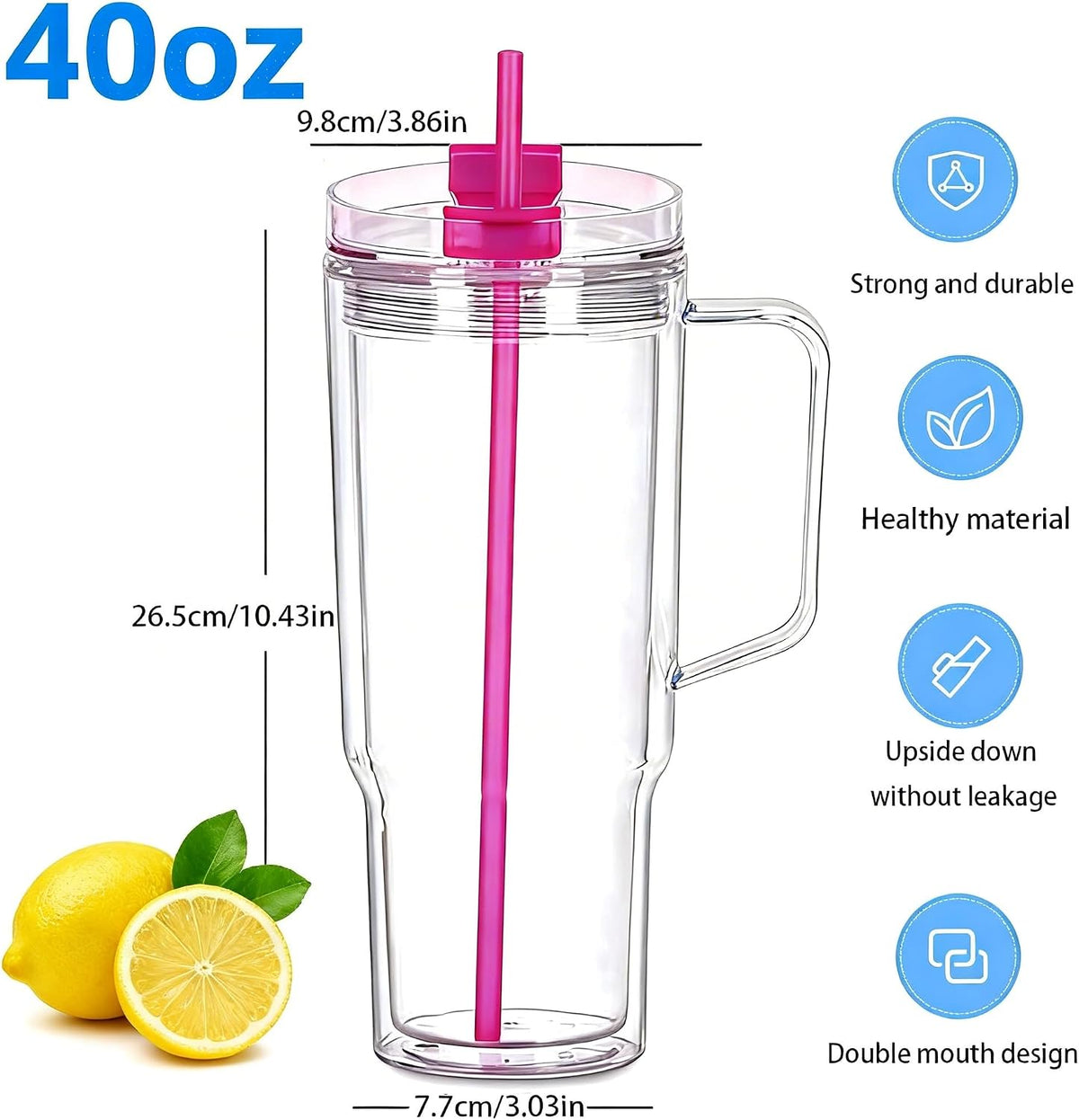 40 oz Plastic Tumblers with Handle, Screw Off Lid with Included Straw, Double Wall Leakproof Reusable Water Bottle Travel Mug Cup for Iced Coffee, Hot Cold Drink, Smoothie (2, Transparently)