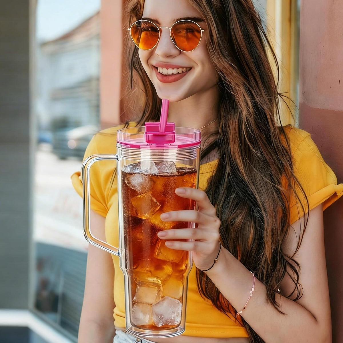 40 oz Plastic Tumblers with Handle, Screw Off Lid with Included Straw, Double Wall Leakproof Reusable Water Bottle Travel Mug Cup for Iced Coffee, Hot Cold Drink, Smoothie (2, Transparently)