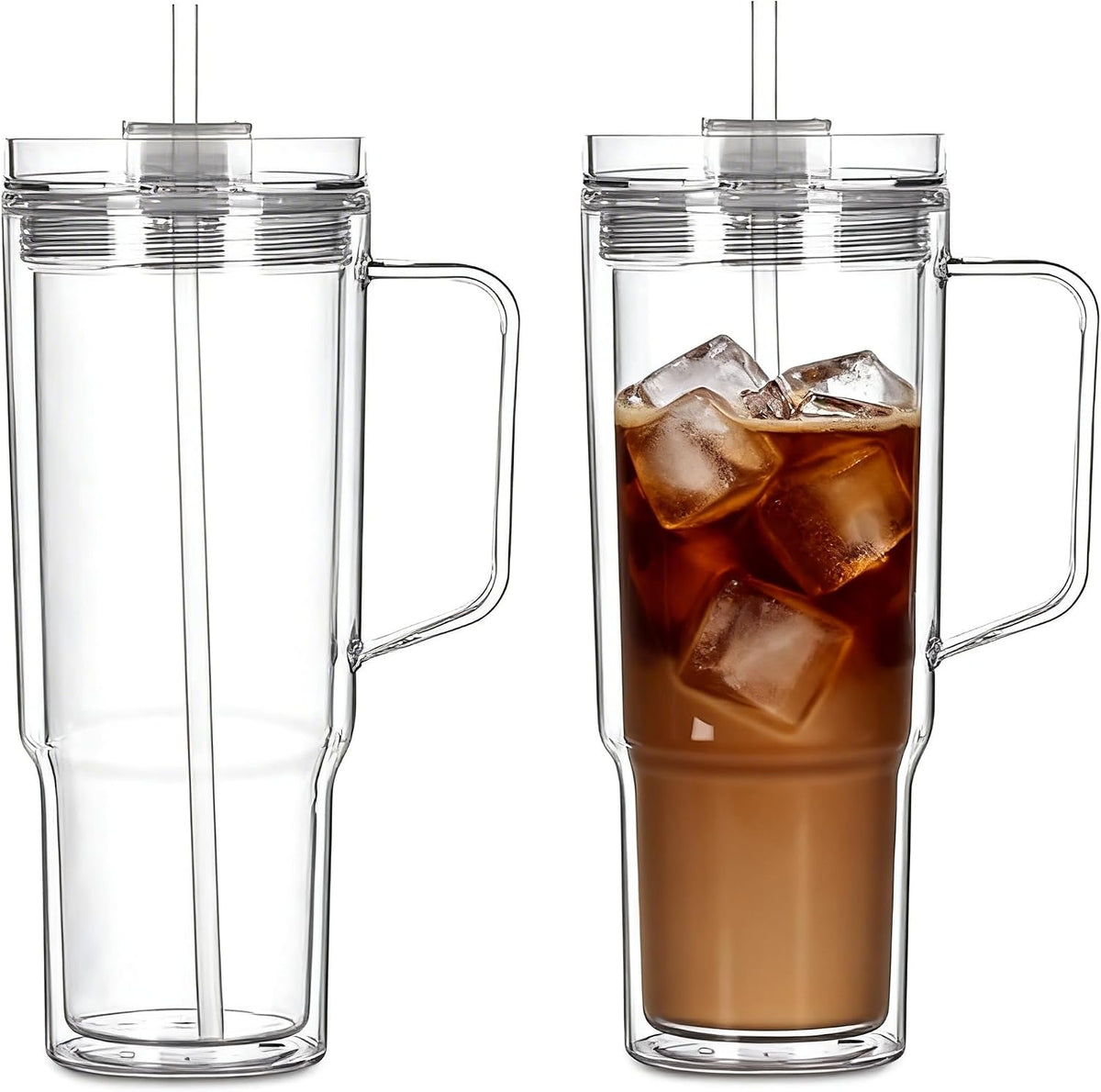40 oz Plastic Tumblers with Handle, Screw Off Lid with Included Straw, Double Wall Leakproof Reusable Water Bottle Travel Mug Cup for Iced Coffee, Hot Cold Drink, Smoothie (2, Transparently)
