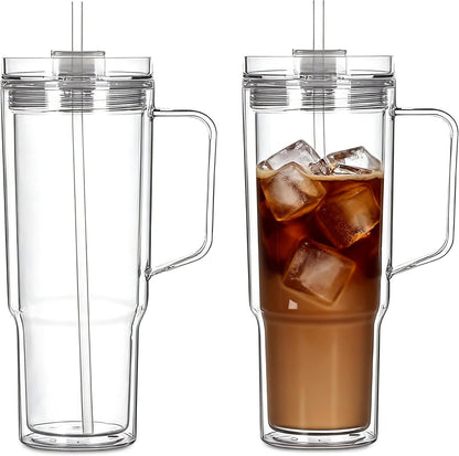 40 oz Plastic Tumblers with Handle, Screw Off Lid with Included Straw, Double Wall Leakproof Reusable Water Bottle Travel Mug Cup for Iced Coffee, Hot Cold Drink, Smoothie (2, Transparently)