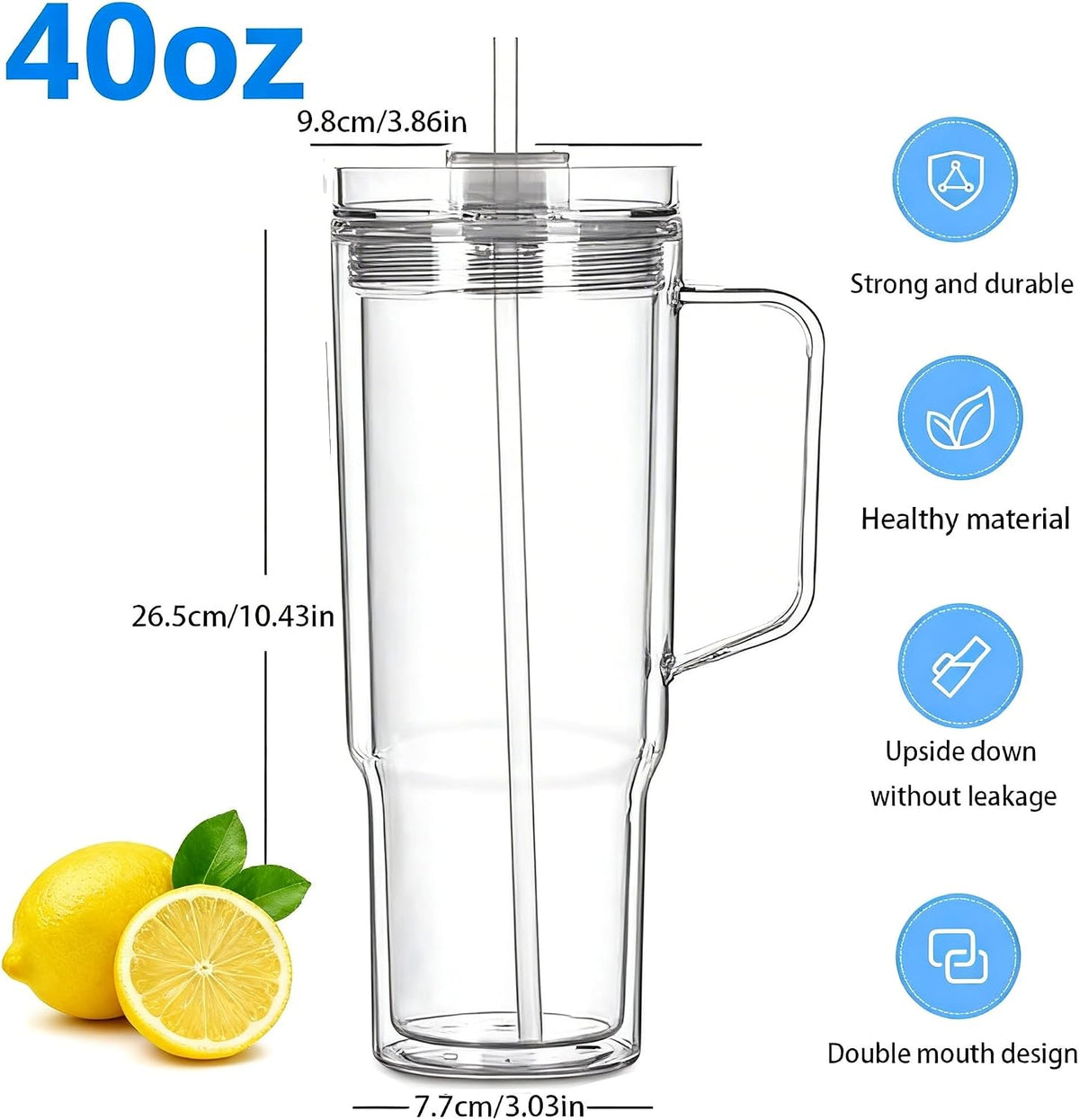 40 oz Plastic Tumblers with Handle, Screw Off Lid with Included Straw, Double Wall Leakproof Reusable Water Bottle Travel Mug Cup for Iced Coffee, Hot Cold Drink, Smoothie (2, Transparently)