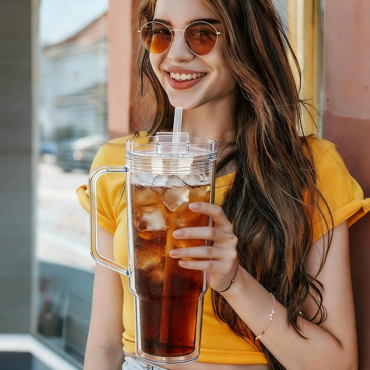 40 oz Plastic Tumblers with Handle, Screw Off Lid with Included Straw, Double Wall Leakproof Reusable Water Bottle Travel Mug Cup for Iced Coffee, Hot Cold Drink, Smoothie (2, Transparently)