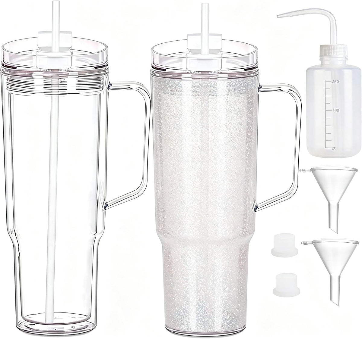 40 oz Plastic Tumblers with Handle, Screw Off Lid with Included Straw, Double Wall Leakproof Reusable Water Bottle Travel Mug Cup for Iced Coffee, Hot Cold Drink, Smoothie (2, Transparently)