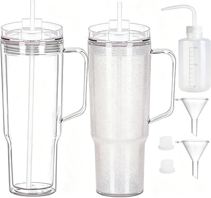 40 oz Plastic Tumblers with Handle, Screw Off Lid with Included Straw, Double Wall Leakproof Reusable Water Bottle Travel Mug Cup for Iced Coffee, Hot Cold Drink, Smoothie (2, Transparently)