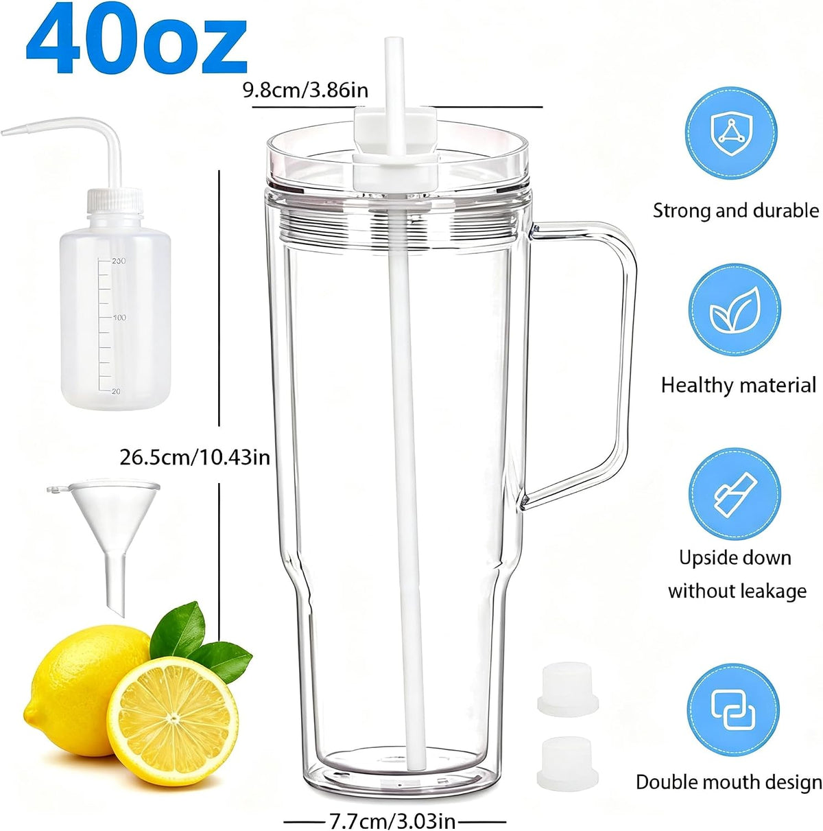 40 oz Plastic Tumblers with Handle, Screw Off Lid with Included Straw, Double Wall Leakproof Reusable Water Bottle Travel Mug Cup for Iced Coffee, Hot Cold Drink, Smoothie (2, Transparently)