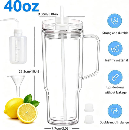 40 oz Plastic Tumblers with Handle, Screw Off Lid with Included Straw, Double Wall Leakproof Reusable Water Bottle Travel Mug Cup for Iced Coffee, Hot Cold Drink, Smoothie (2, Transparently)
