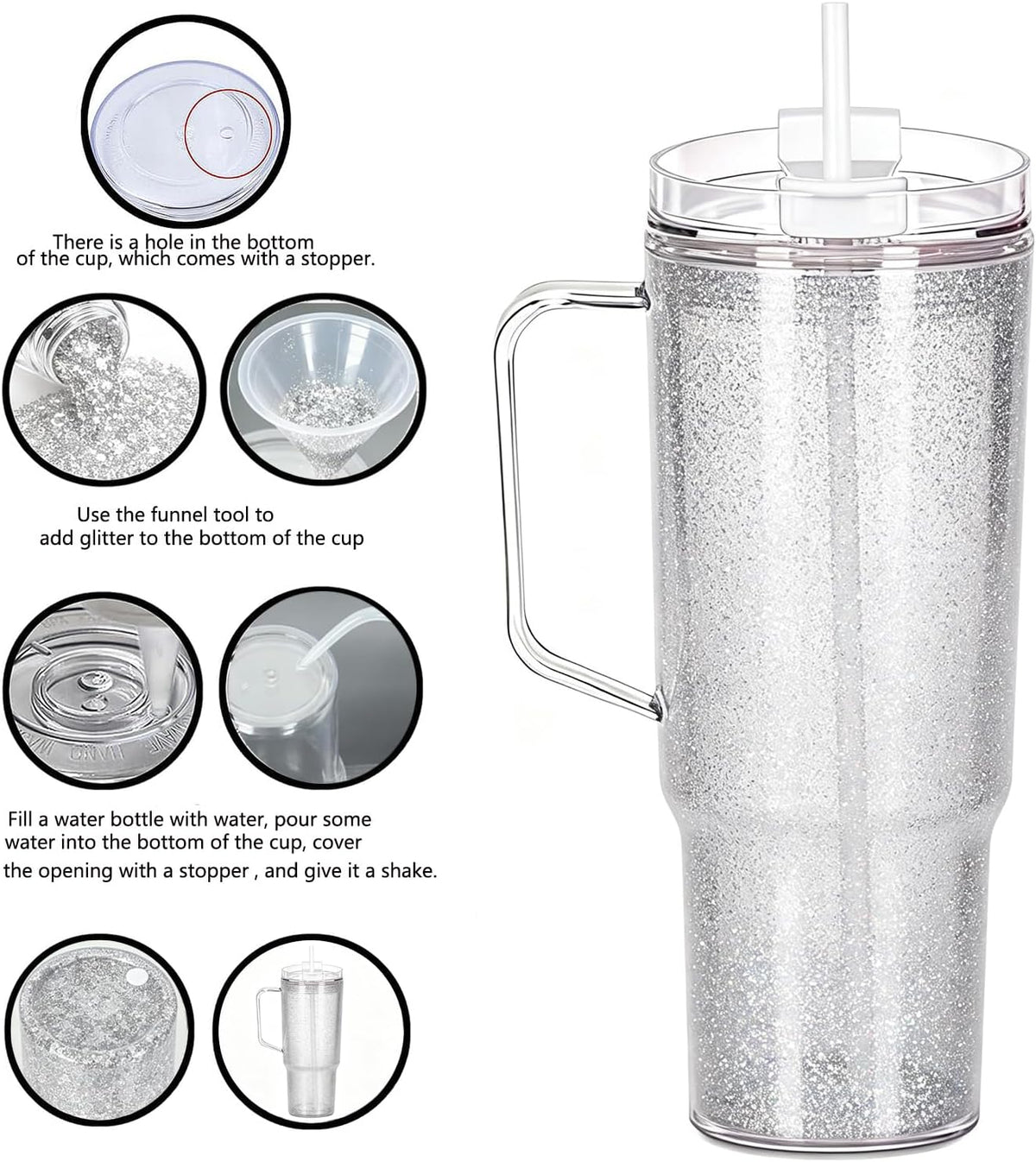 40 oz Plastic Tumblers with Handle, Screw Off Lid with Included Straw, Double Wall Leakproof Reusable Water Bottle Travel Mug Cup for Iced Coffee, Hot Cold Drink, Smoothie (2, Transparently)